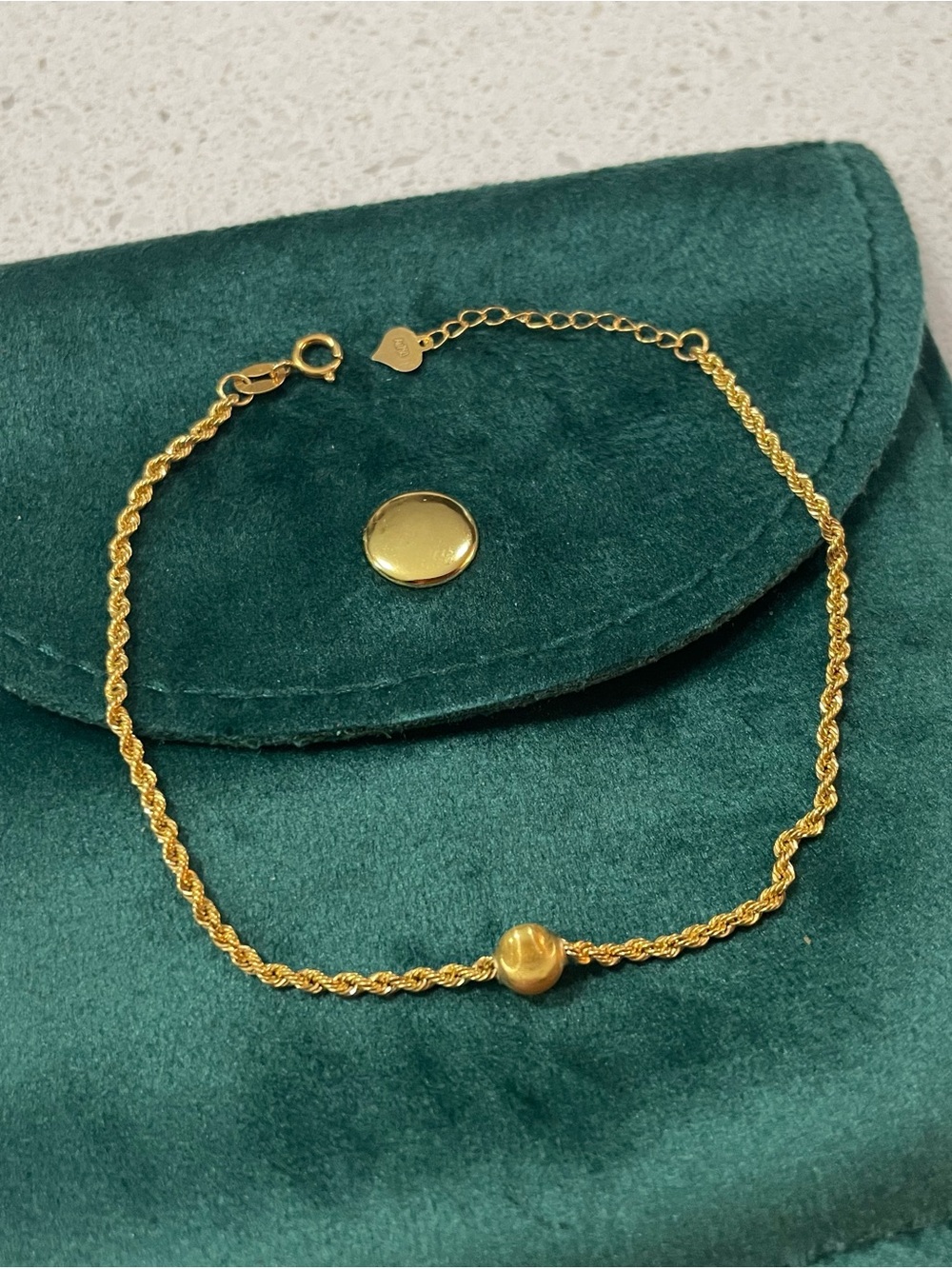 Dainty 18K Gold Bracelet • AU750 Real Gold Everyday Bracelet - Hemp Rope + Bead